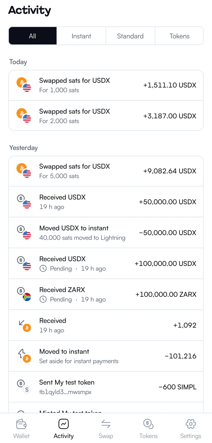 Activity screen: swaps and payments grouped under today and yesterday