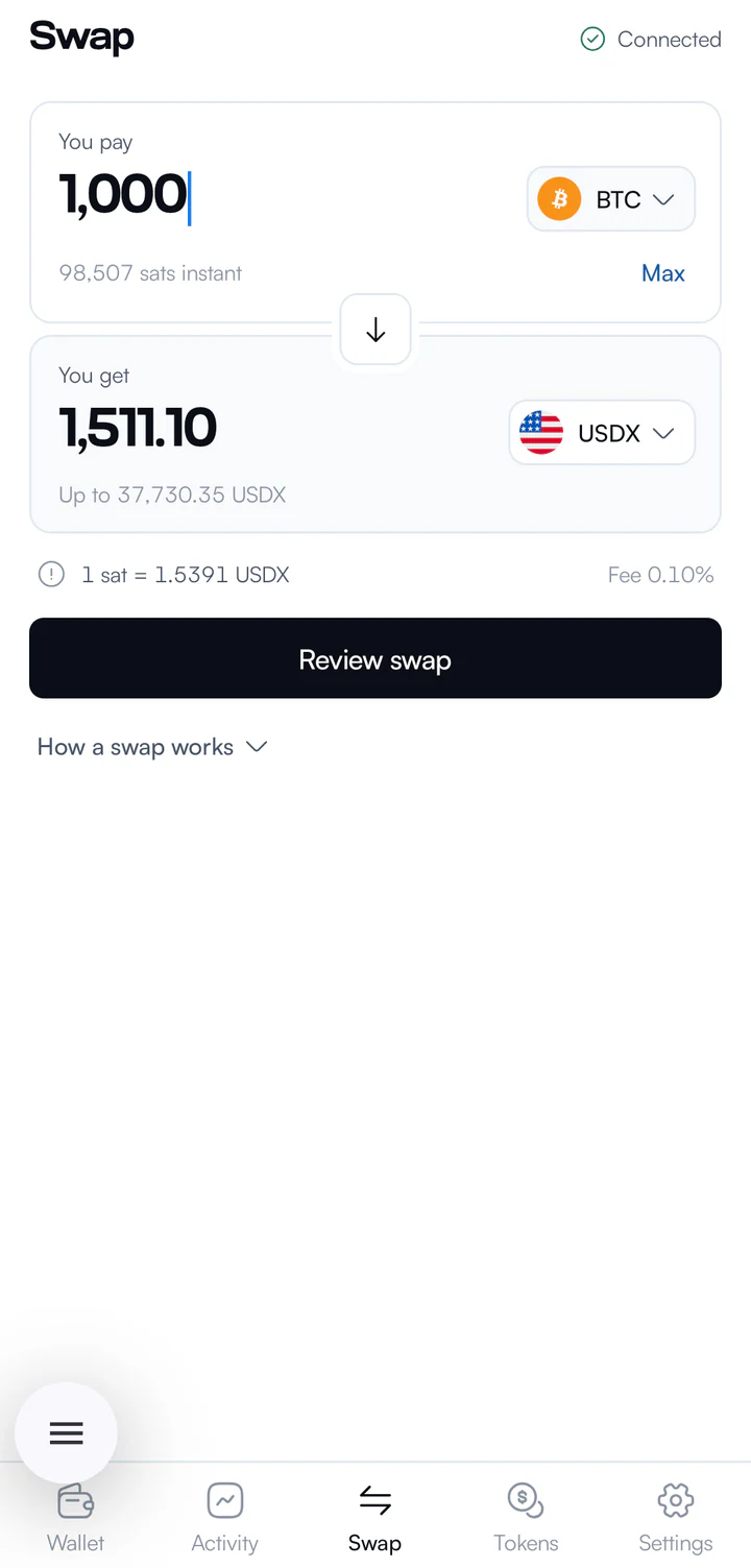 SQRL Pay swap screen: paying 1,000 sats to get 1,511.10 USDX