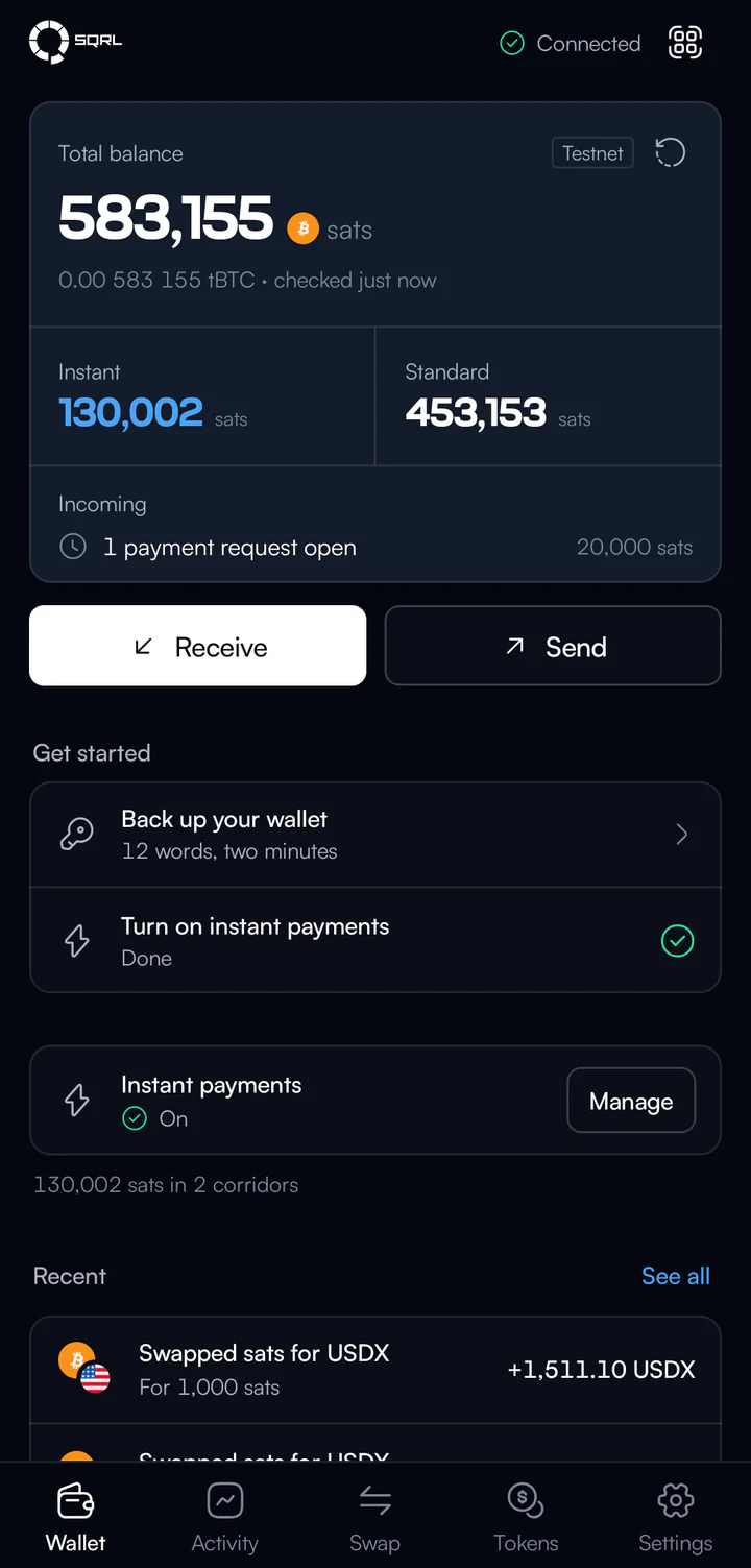 SQRL Pay wallet home in dark mode