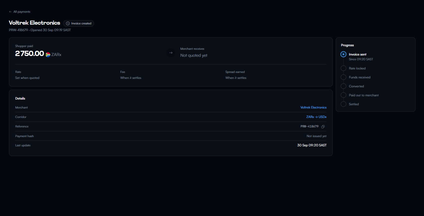 A single payment: rand paid in, the corridor, reference and payment hash, and a progress timeline from invoice to settled